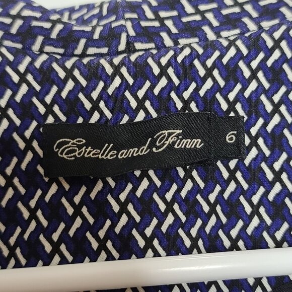 Estelle & Finn Shaped Diamond Print Blue White Open Front Blazer Size 6 - Picture 4 of 9